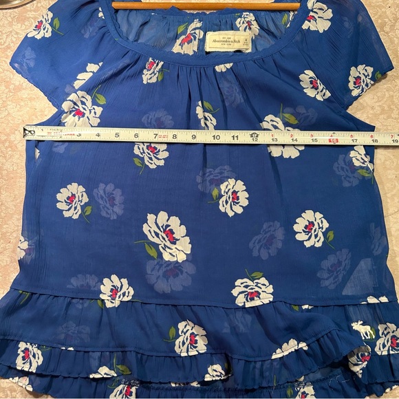 Abercrombie & Fitch~ Blue Floral Sheer Chiffon Tie Bow Ruffle Shirt in Medium - Picture 9 of 12